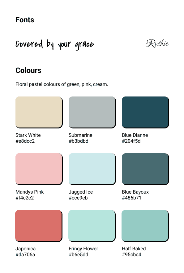 Brand board showing pastel colour palette and selected typography