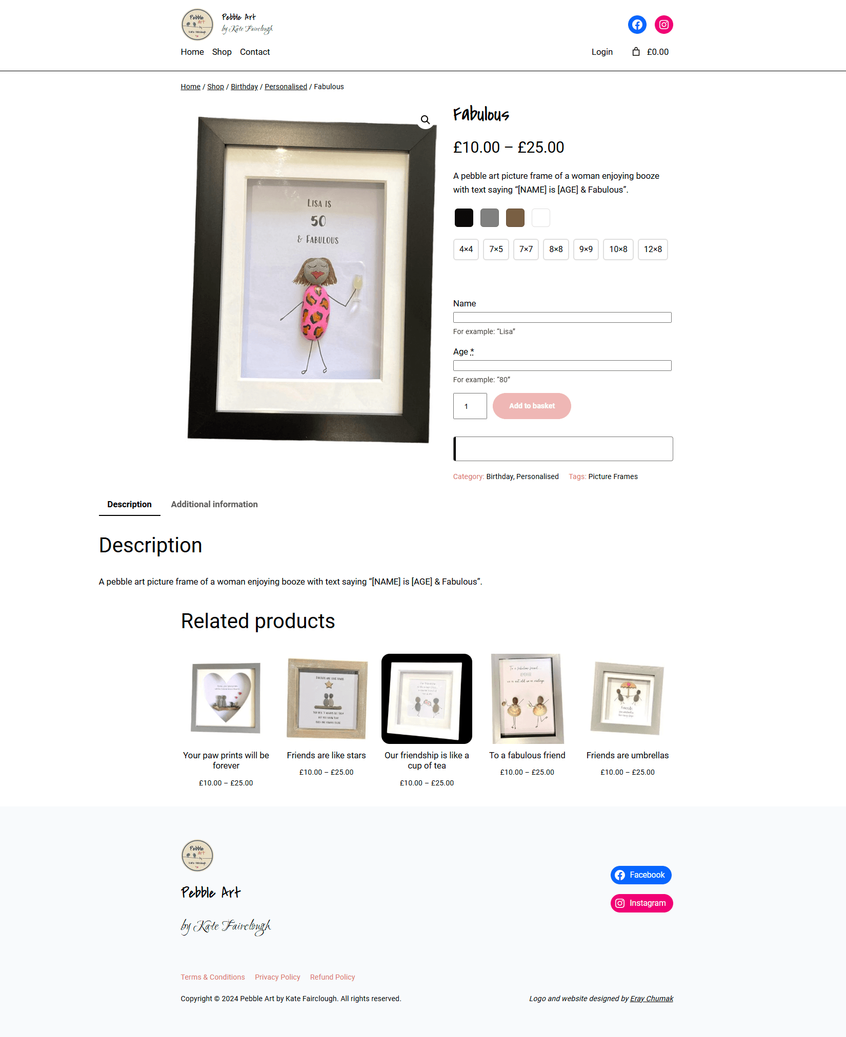 Product page with customisation options for frame colour and personalised text